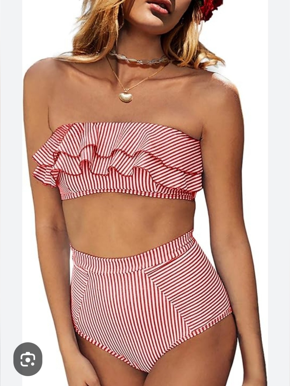Striped Red Ruffle Bandeau High-Waist Bikini - Women Swim